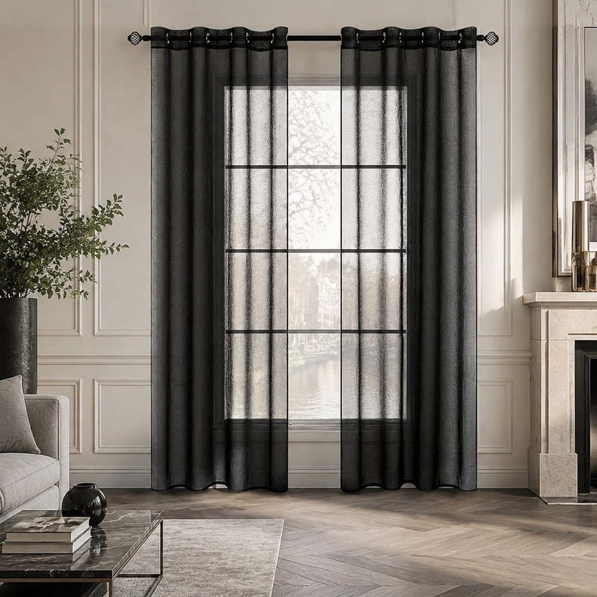 Lano&Go Vitrage met Ringen 140x245 cm - 2 Panelen Zwart