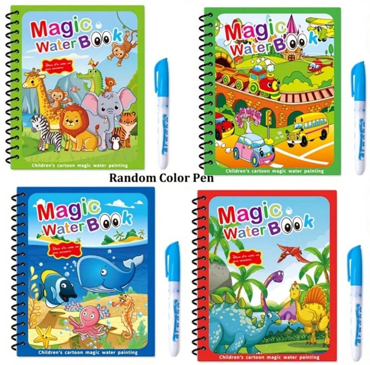 4 Pack Magische Water Kleurboeken voor Kinderen vanaf 2 Jaar - Herbruikbare Waterkleurboekjes met Magische Stift - Kleuren met Water - Educatief en Creatief Tekenboek voor Jongen en Meisje - Waterverf Graffiti Kleurboek - Toverstiften