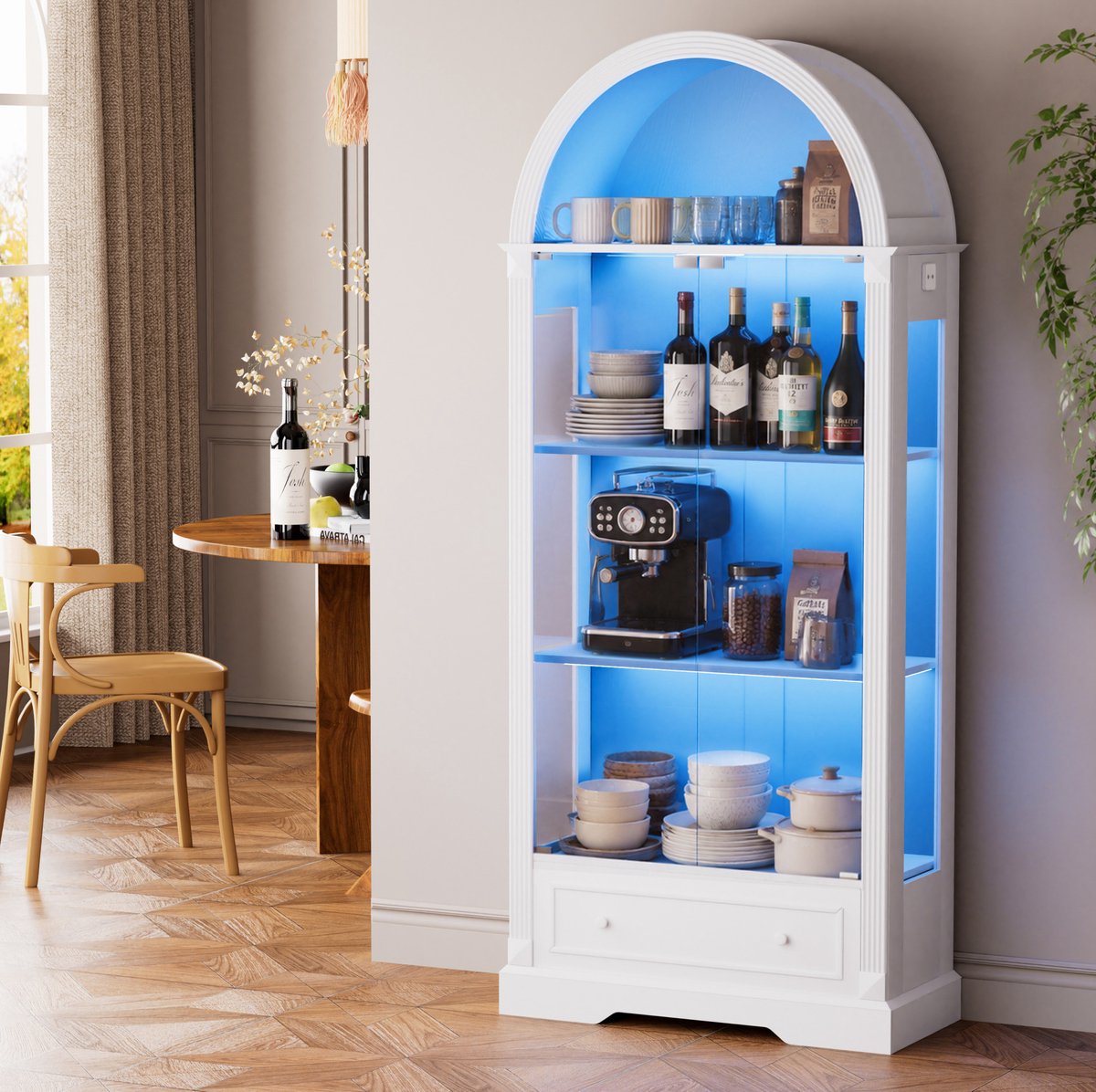 Vitrinekast – 80 x 35 x 180 cm – Glazen Deuren En Driekleurige Led – MDF En Glas – Wit – Met Laden