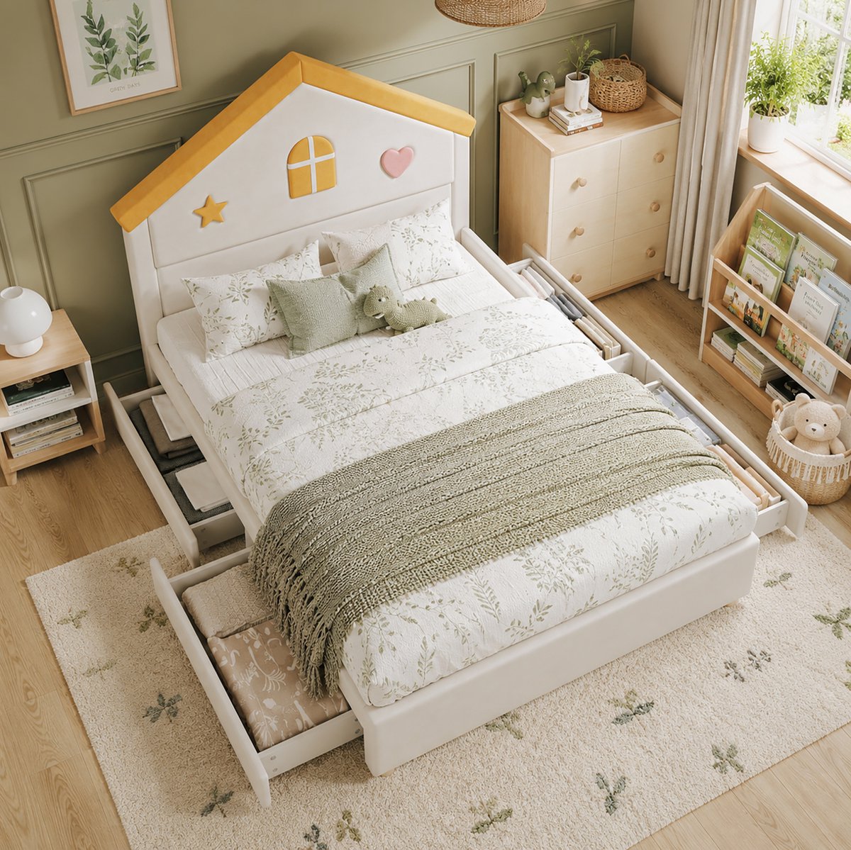 REDOM - Kinderbed - Huisvormig hoofdbord - 4 opbergladen - Lattenbodem - Gestoffeerd met fluweel - Beige - 140 x 200 cm