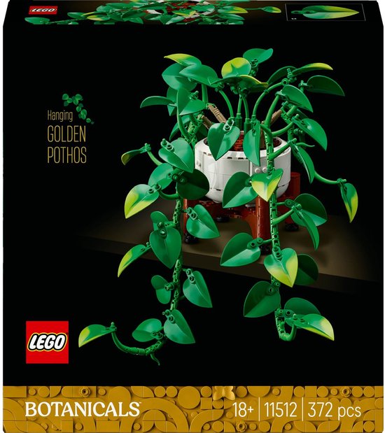 LEGO Botanicals Hangende Gouden Pothos plant met groene en geelgroene bladeren in een witte pot met bruin frame.