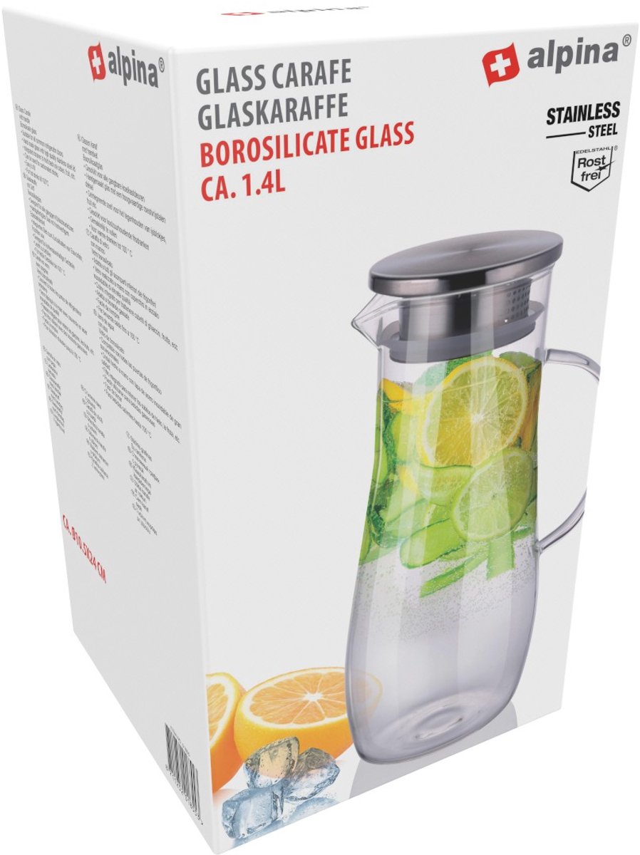 alpina Glazen Waterkan 1.4L - Schenkkan met RVS Deksel en Filter - Karaf van Borosilicaatglas - Transparante Kan voor Koude en Warme Dranken — cadeau in Koken & Dineren - foto 5