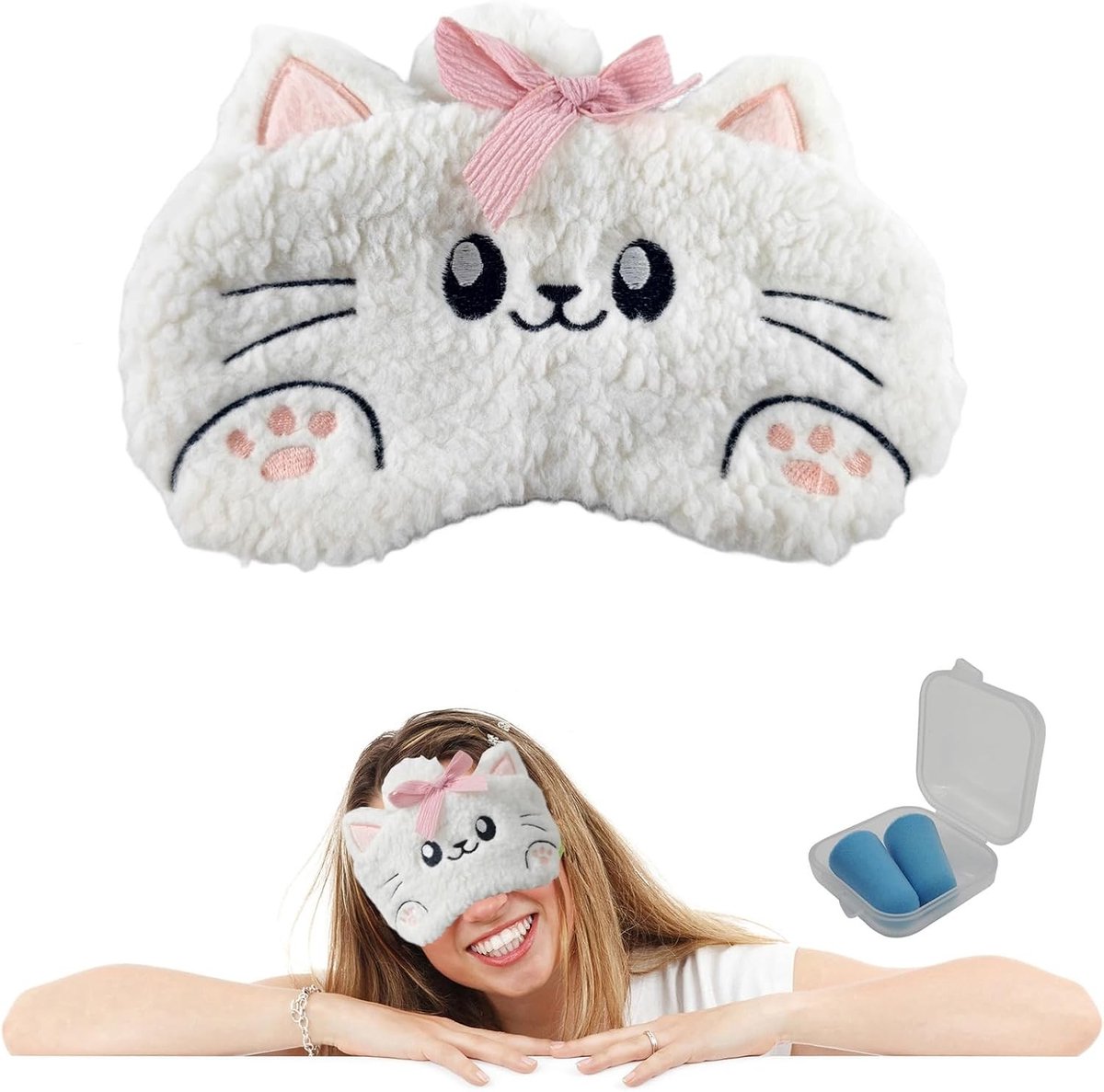 Pluizig cartoon slaapmasker met verstelbare riem voor kinderen en volwassenen, schattig en comfortabel voor reizen en ontspanning, 1 stuk