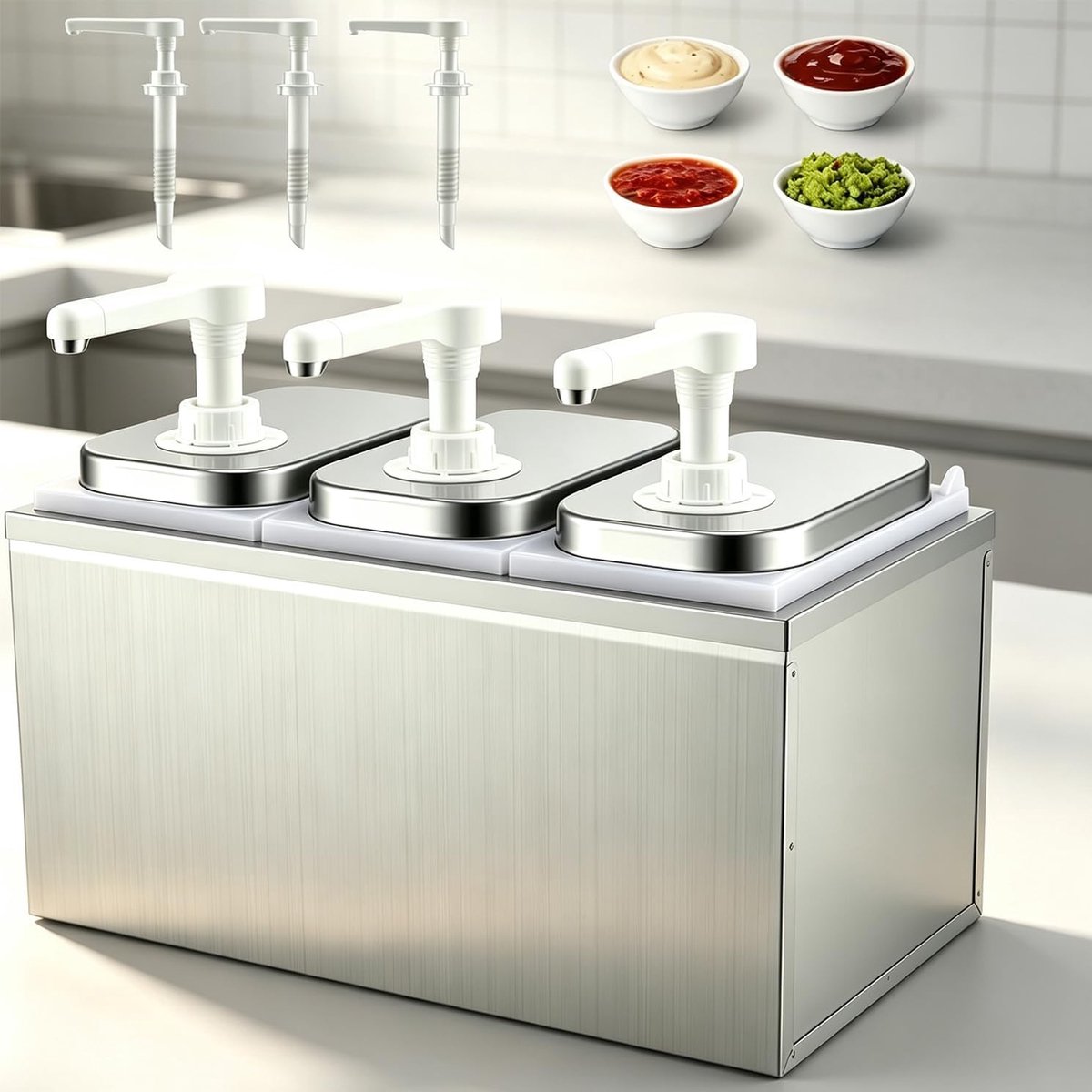 6L Sauce Dispenser met 3 Pompkoppen van RVS - Drupvrije Ketchup, Mayonaise en Mosterd Dispenser voor Keuken en Catering