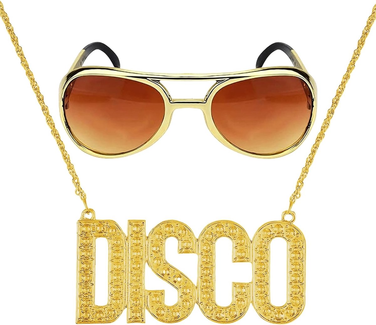 Disco kostuum accessoires set met gouden ketting, zonnebril en halsketting voor mannen en vrouwen, perfect voor retro feesten en hiphop evenementen