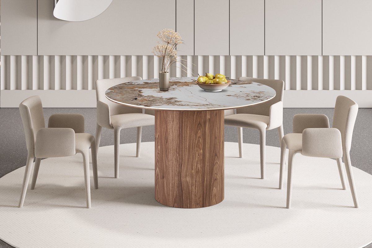 Rousseau Evora Ronde Eettafel Ø120 cm – Glanzend Stenen Blad in Goudbruine Marmerlook Pandora