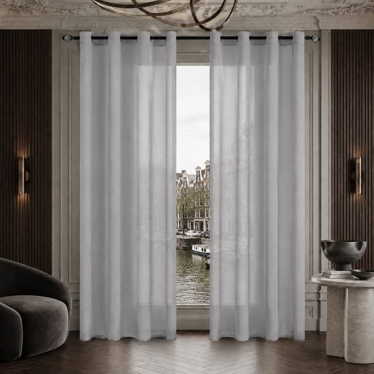 Lano&Go Vitrage met Ringen Lichtgrijs 140 x 245 cm, 2 Panelen, Semi-transparant