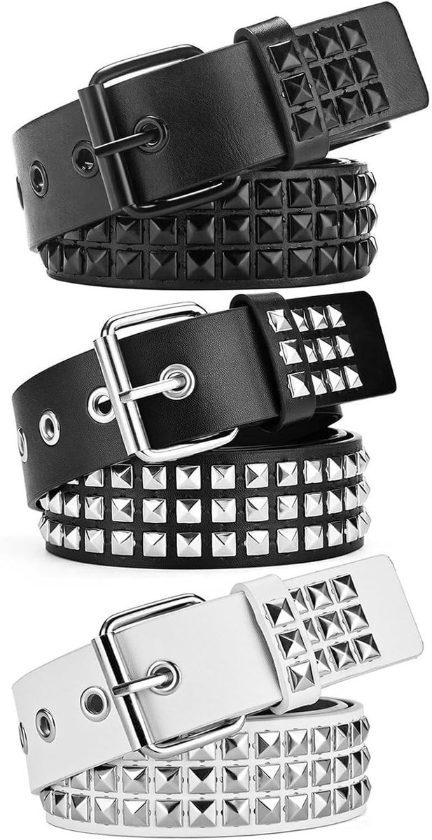 Set van 3 Stuks Witte en Zwarte Studs Riemen in Y2K Stijl voor Goth, Emo en Punk Rock Vrouwen met Glanzende Metalen Piramides