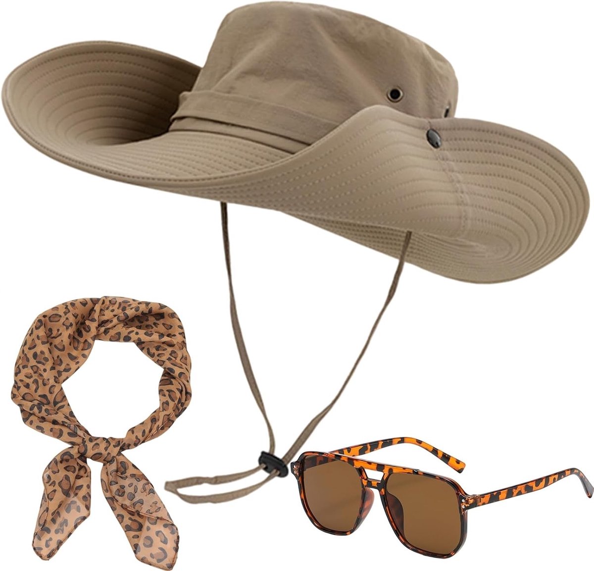 Driedelig Safari Kostuum voor Vrouwen en Meisjes met Vouwbare Zonnehoed, Luipaardprint Sjaal en Zonnebril voor Carnaval en Halloween Avonturen