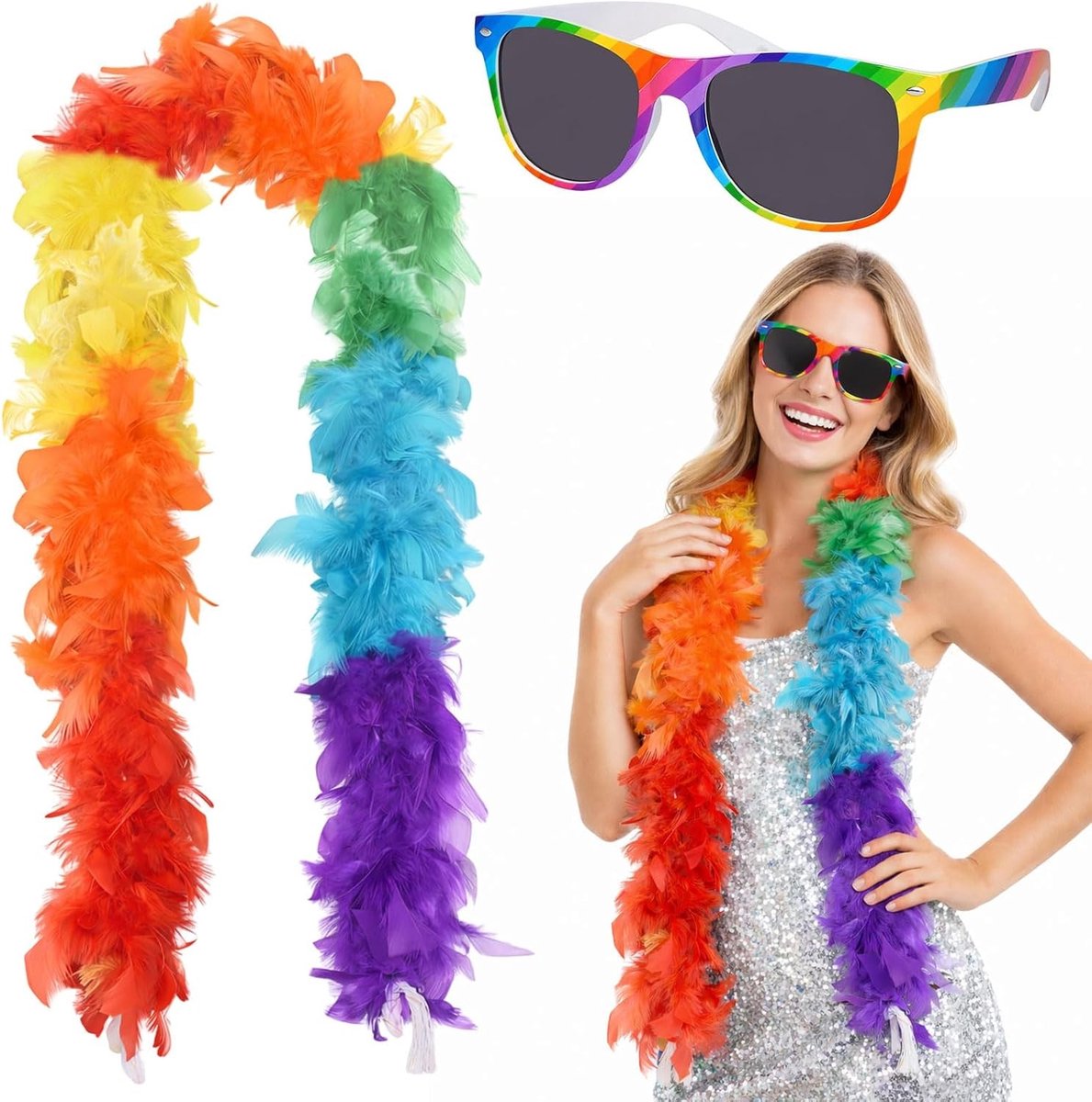 Kleurrijke Boa in Regenboogkleuren van 120 cm met Zonnebril voor Carnaval en Halloween