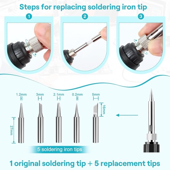 Solderkit 60 W met Instelbare Temperatuur 220-480 °C, Inclusief 10 g Lood, 5 Tips en Ontlodingpomp voor Precisie Reparaties en Elektronica Werkzaamheden — afbeelding 5