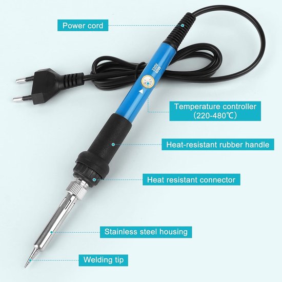 Solderkit 60 W met Instelbare Temperatuur 220-480 °C, Inclusief 10 g Lood, 5 Tips en Ontlodingpomp voor Precisie Reparaties en Elektronica Werkzaamheden — afbeelding 3