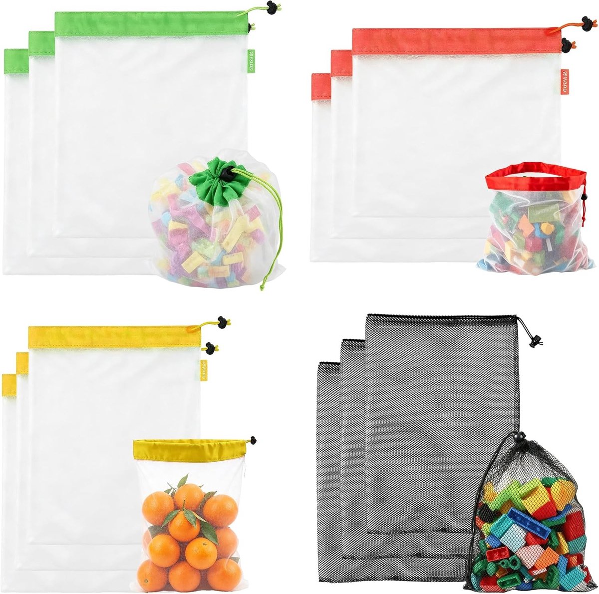 Netzakken met Trekkoord - Meerdere Kleuren - 22 x 24 cm - Lichte Polyester Mesh Tas - Voor Kleding en Reisbenodigdheden