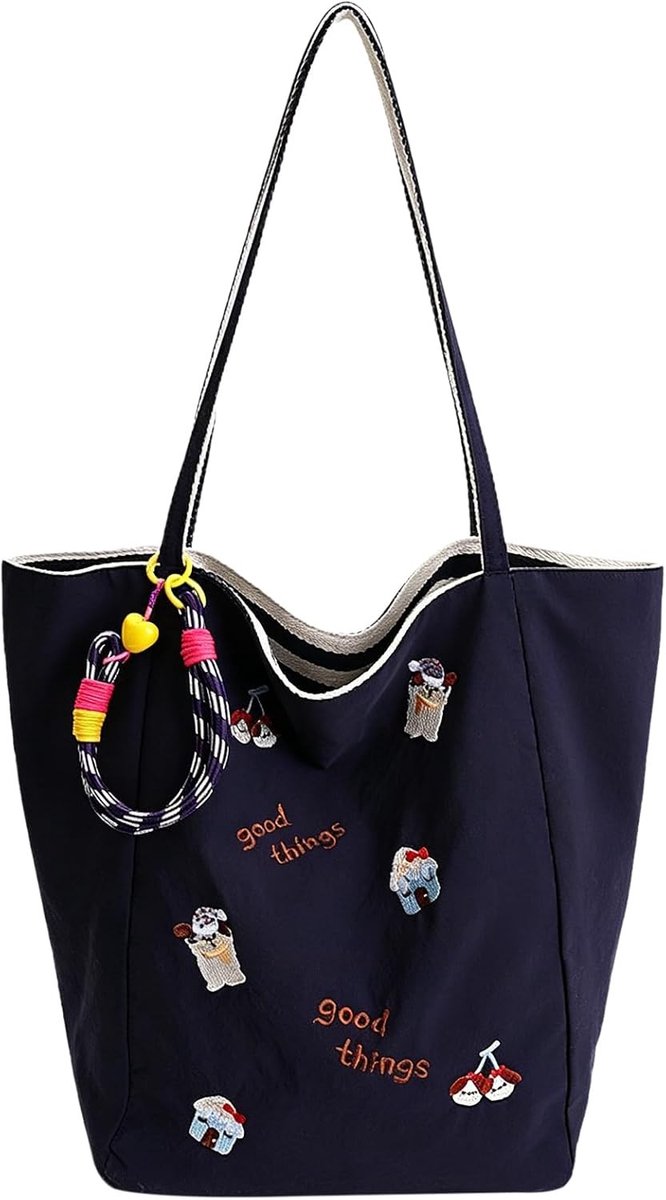 Grote Schoudertas - Kersenhond - 43 x 33 cm - Omkeerbare Boodschappentas van Nylon en Polyester - Voor Dames