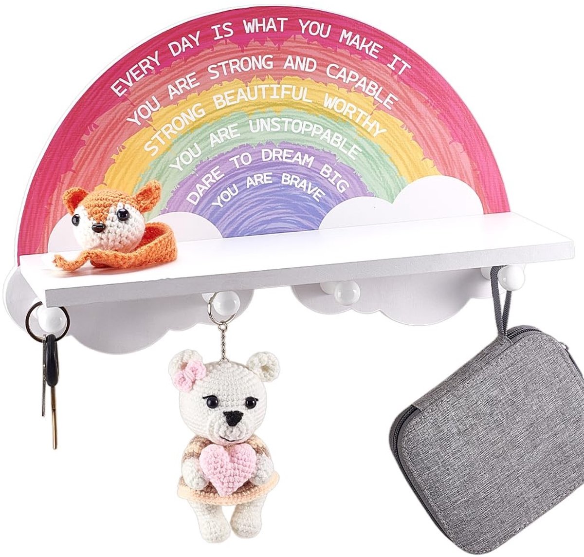 Elzusha - Houten Regenboogplank met 4 Haken voor Meisjeskamer