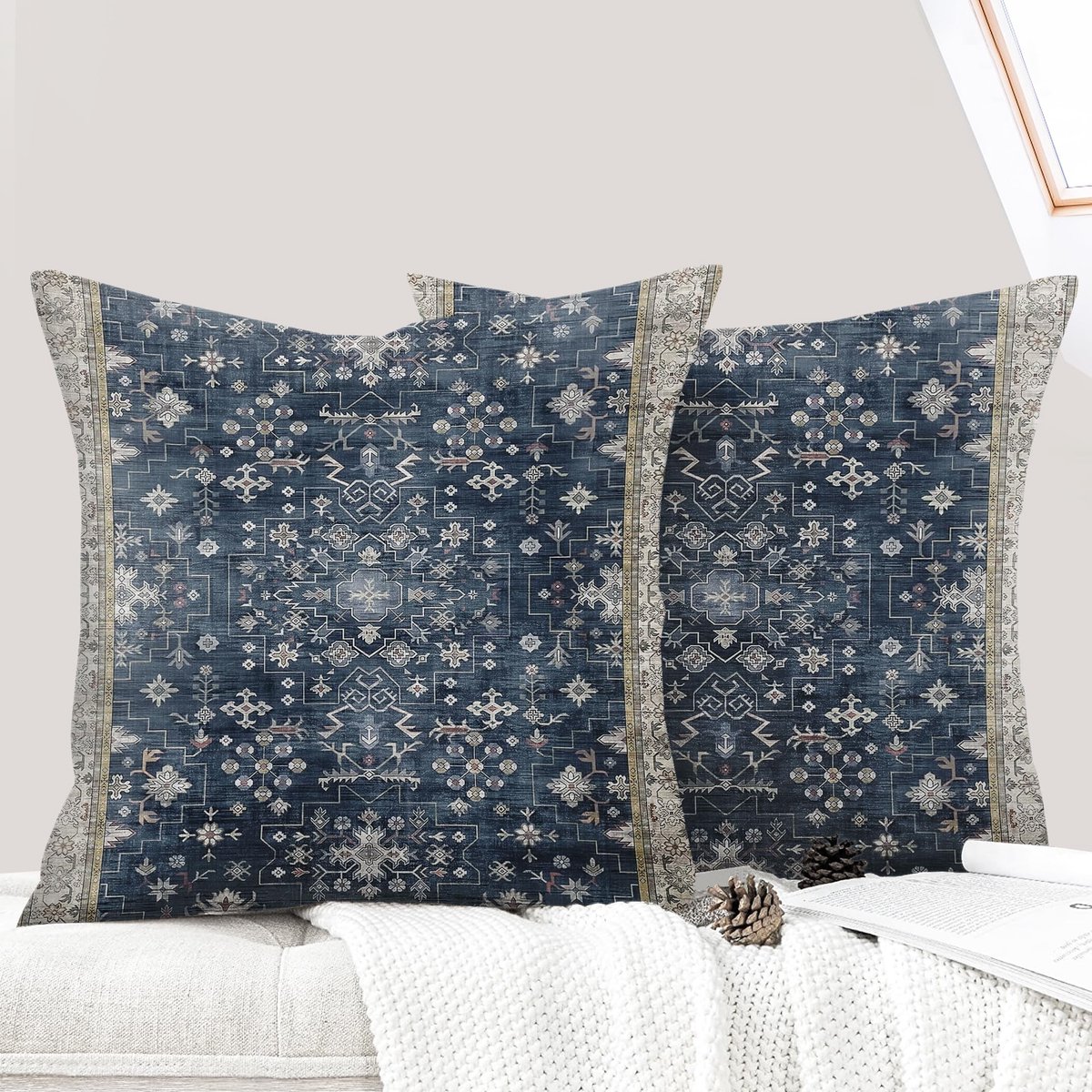 Elzusha - Set van 2 Decoratieve Kussenhoezen - Boho Ethnic Vintage - Bruin/Blauw