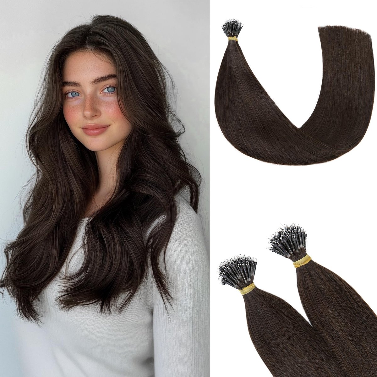 Elzusha - Nano Haarextensions met Micro Ring, 55 cm, Donkerbruin