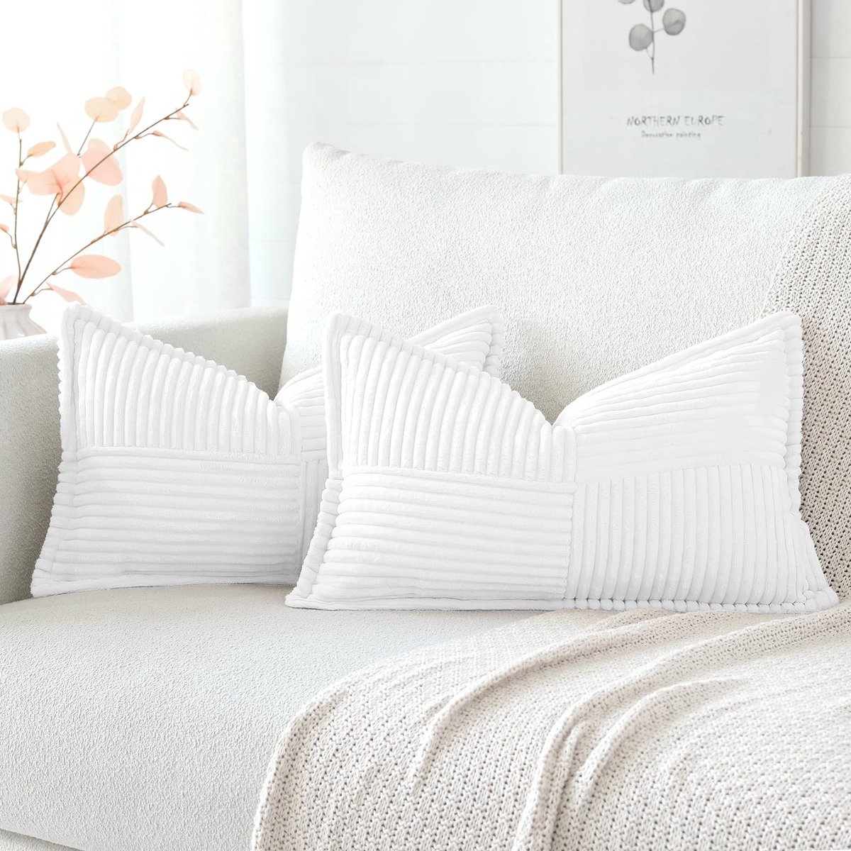 Elzusha - Set van 2 Corduroy Kussenhoezen - Striped Design - Wit - 40 x 60 cm