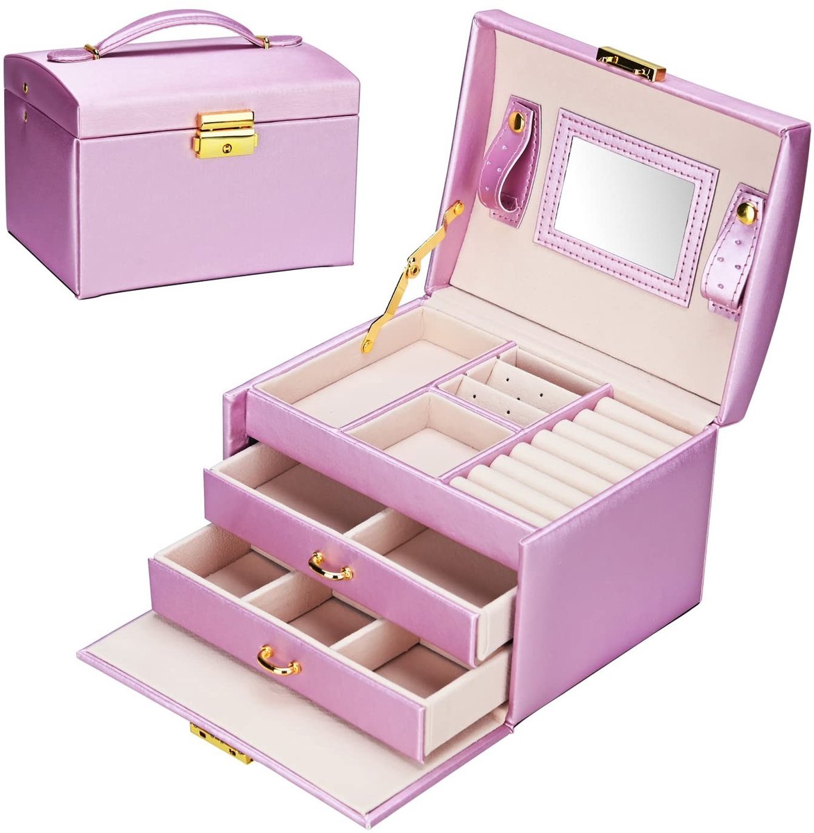 Elzusha - Sieraden organizer - Lederen opbergdoos met spiegel - Paars