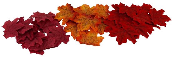 Een stapel herfstbladeren in de kleuren rood, oranje en donkerrood.