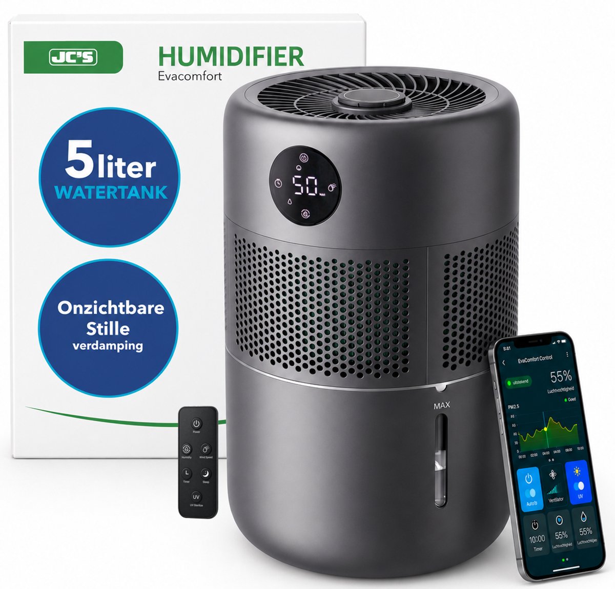 JC's - Luchtbevochtiger - luchtbevochtigers en luchtreiniger in 1 - Aromatherapie - 5 Liter - Wifi - UVC lamp - Top Filling - Humidifier - Woonkamer, Slaapkamer, Kantoor, Babykamer - Hygrometer