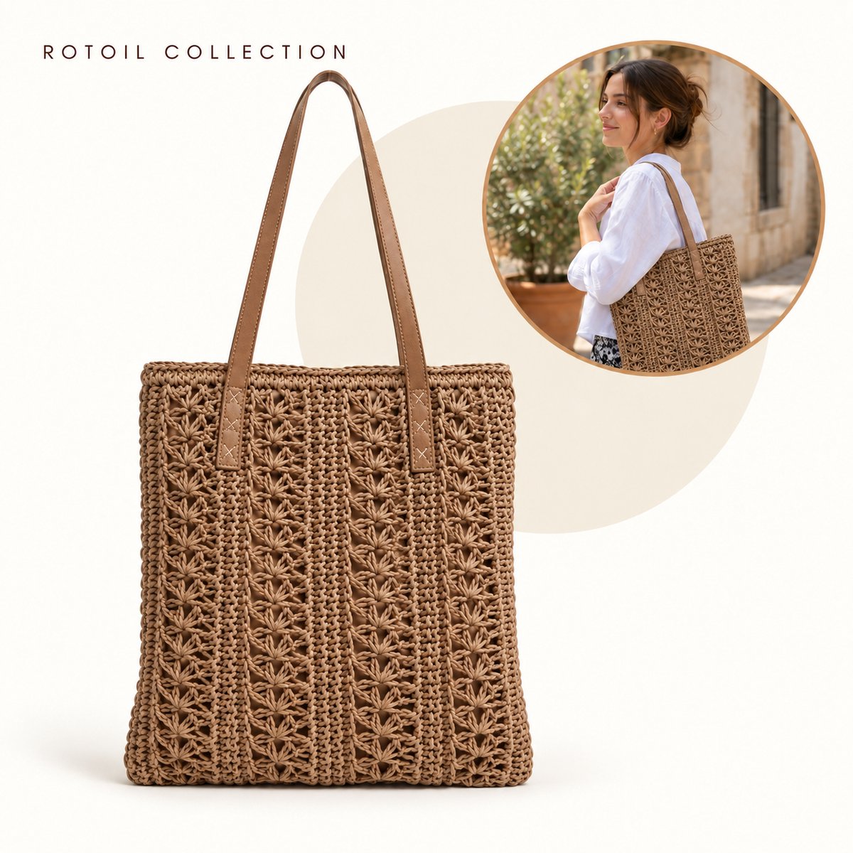 Rotoil Collection - Gevlochten Shopper Dames – Rechthoekige Zomertas met 2 Vakken en Lange Schouderbanden – Rotanlook Tas – 38 x 34,5 cm – Taupebruin