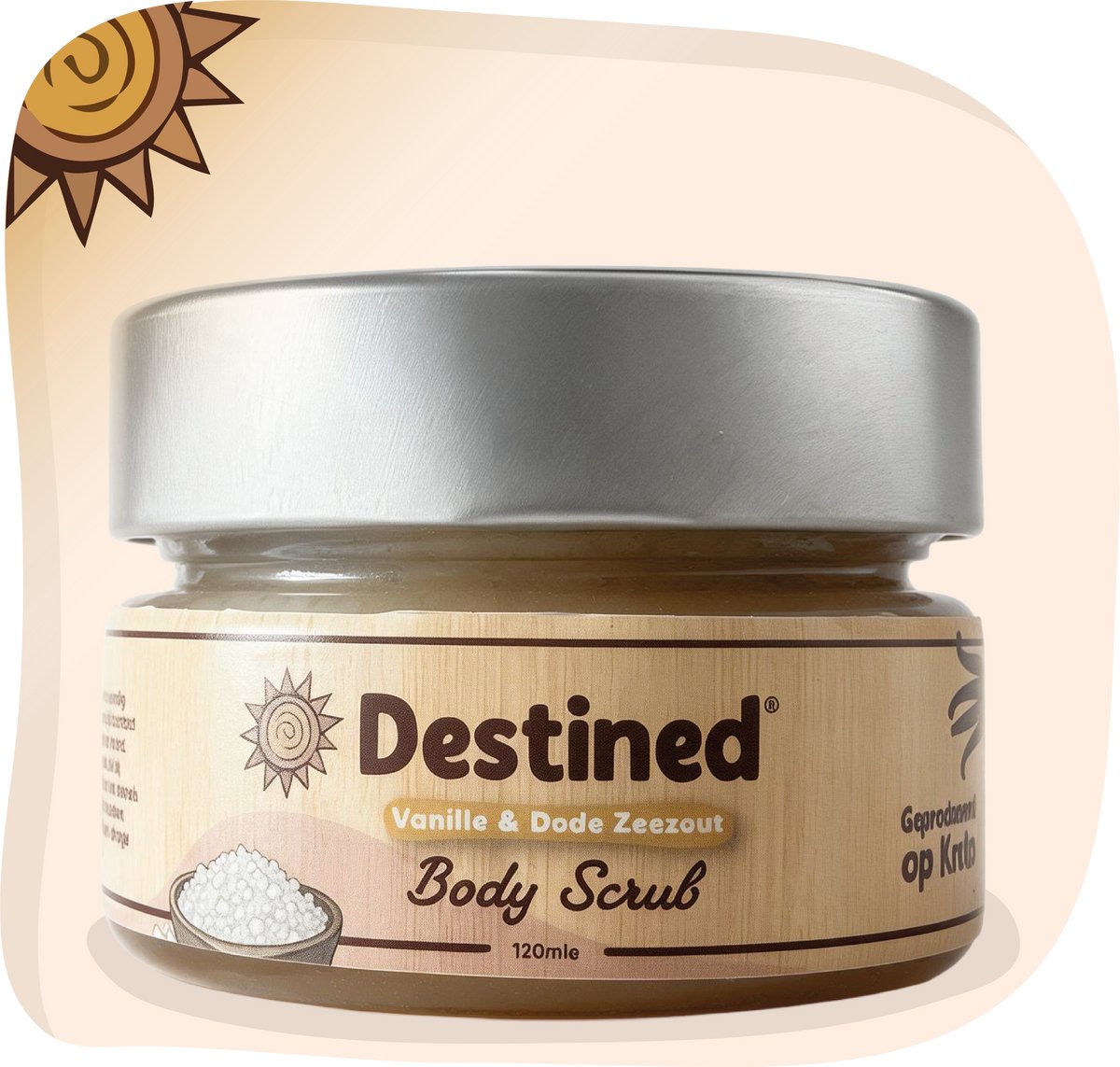 Destined® Vanille & Dode Zee Zout Bodyscrub - Verwijdert Dode Huidcellen & Voedt de Huid - Zonder Sulfaten & Parabenen - Flower Power Skincare Serie - 100% Natuurlijke Afkomst & Handgemaakt in Griekenland - 120ml