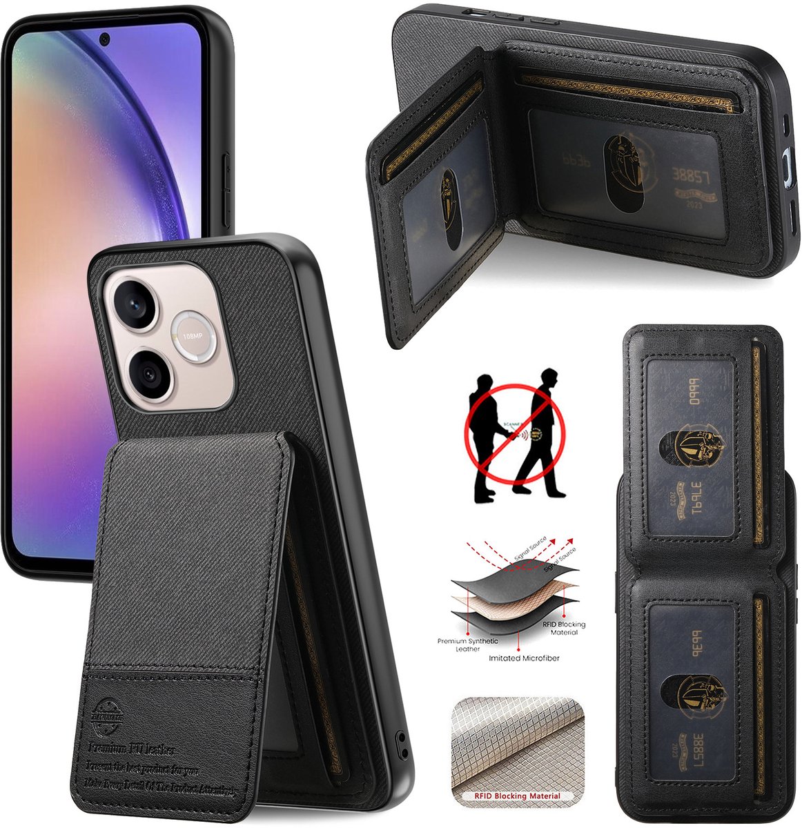 Luxe Backcover met Anti-RFID Kaarthouder en Standaardfunctie voor Honor 600 / 600 Pro _ Zwart