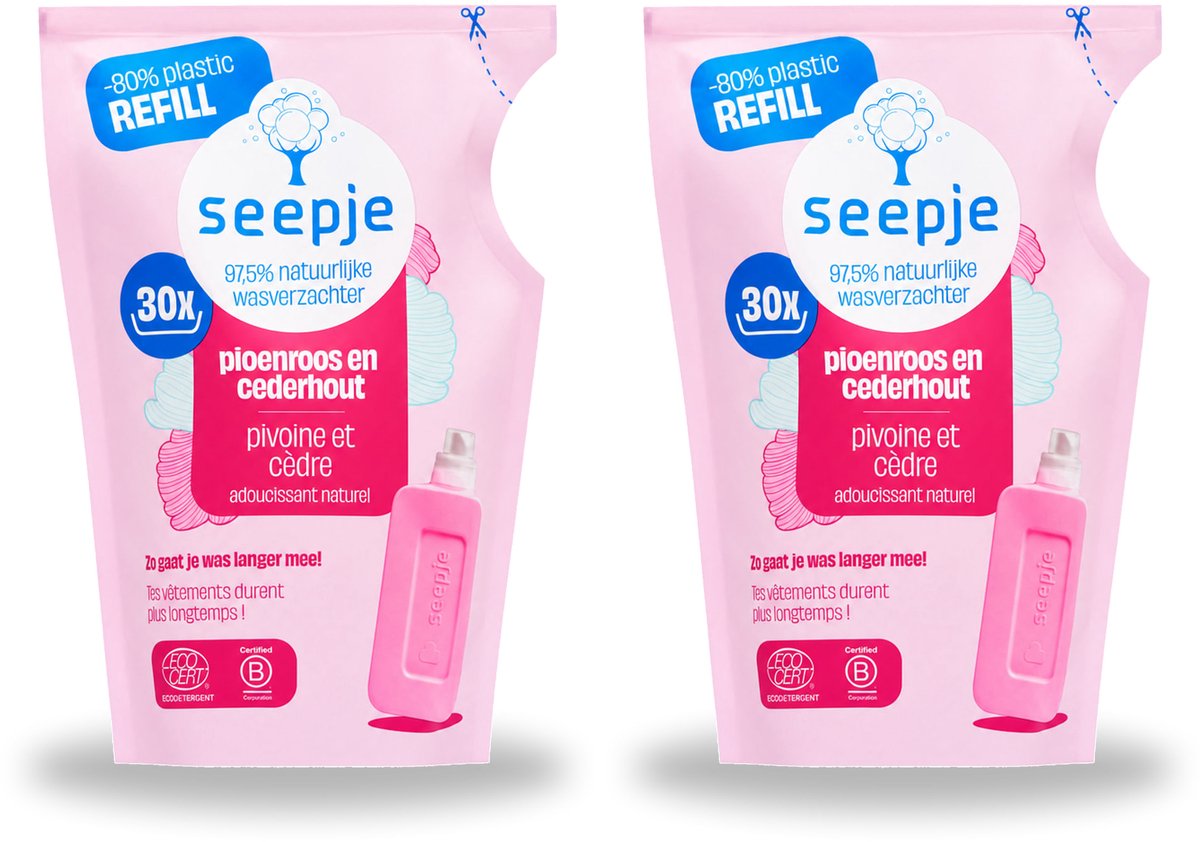 2 x Seepje - Wasverzachter - Duurzaam & Frisse Geur - Navulling - Pioenroos en Cederhout - 30 Wasbeurten - 750 ml - Bulkverpakking - 2 stuks