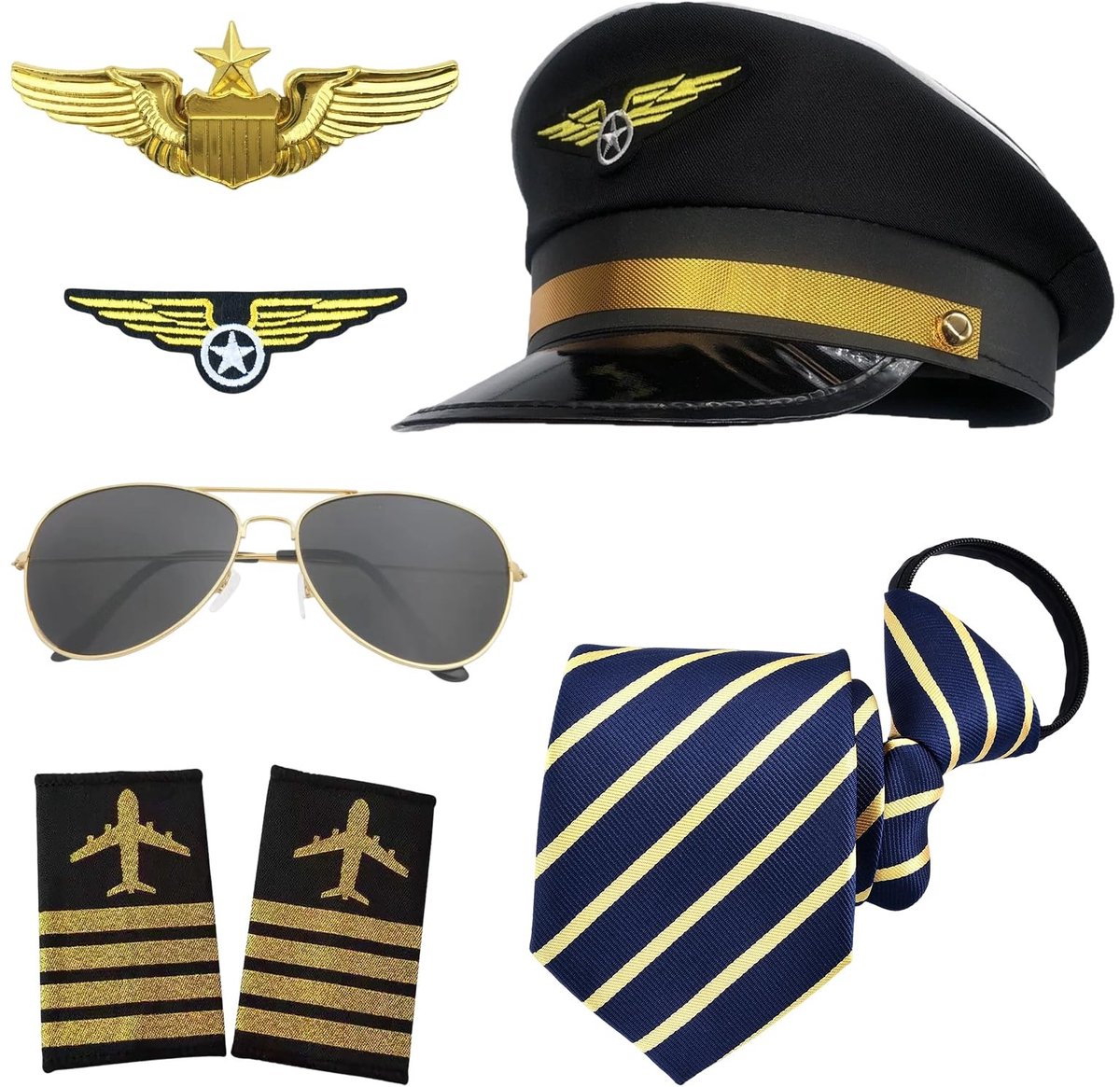 Elzusha - Piloot Kostuum Accessoires Set - 7 Delig, Zwart, Eén Maat