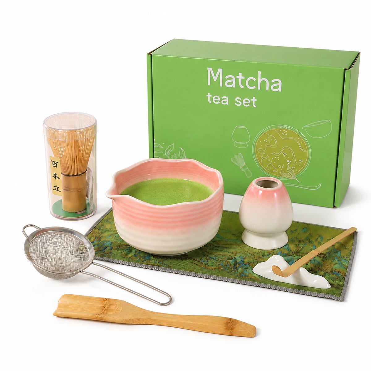LOVHAUS 8-delige Matcha Set Roze Verloop – Kom met Schenktuit, Bamboe Garde & Accessoires