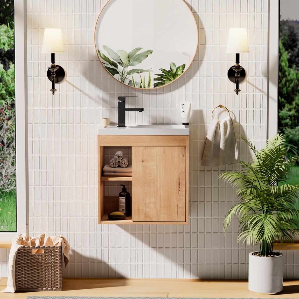 UEV Wastafel met onderkast hout hangend 50,5 cm, gastentoilet wastafel klein, wastafel met kraan, wastafelonderkast, wasplaats voldoende opbergruimte, badkamermeubelset voor badkamer naturel