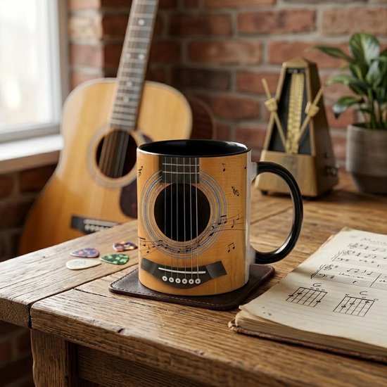 Bruin zwarte mok met gitaar en muzieknoten – keramische koffie mok voor dames en heren – muziek thema met akoestische gitaar print – drinkbeker voor warme en koude dranken – cadeau voor muziekliefhebbers – 1 stuk