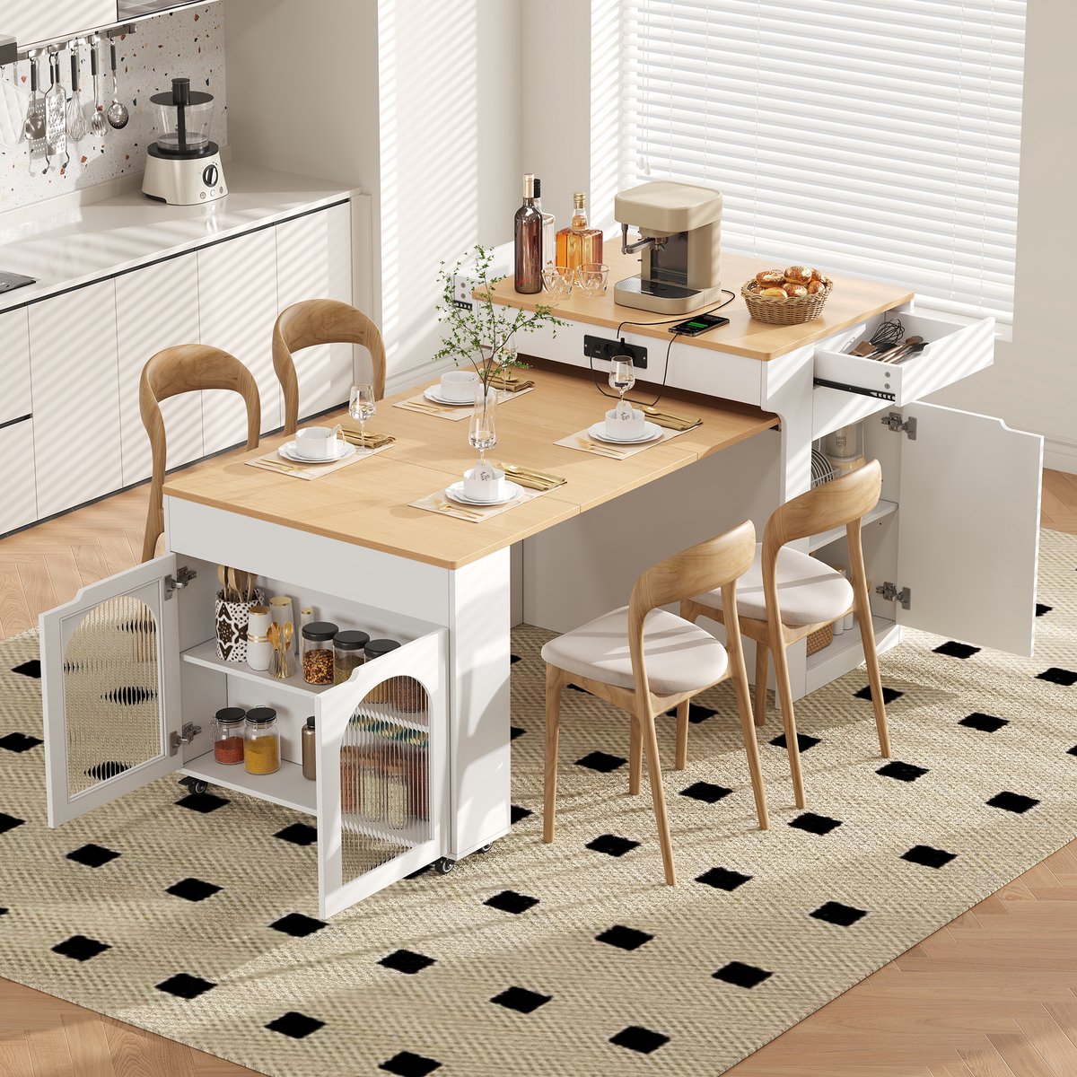 Clruro Keukeneiland - 153x80x93 cm - Verrijdbaar - Uitschuiftafel en Ribbelglas - MDF - Wit