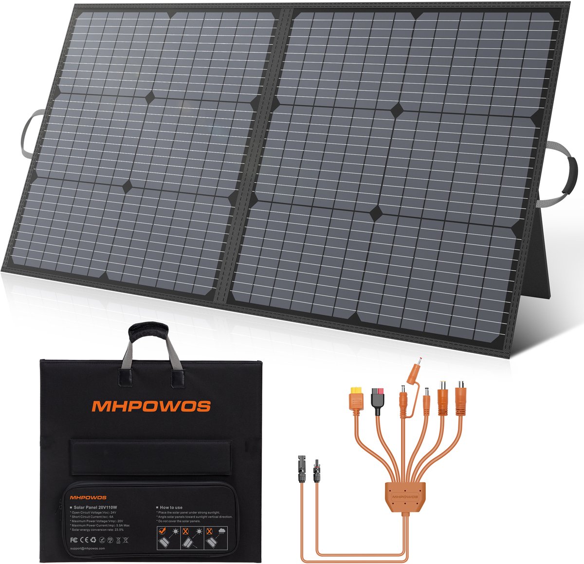 MHPOWOS 110W Opvouwbaar Zonnepaneel, Monokristallijn ETFE Zonnecollector met verstelbare steunen, IP67 waterdicht voor powerstation, kamperen en camper