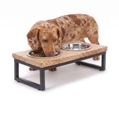 Verhoogde Hondenbak S – Dubbele Voerbak voor Kleine Honden zoals Chihuahua – RVS – Hout – Antislip – 32x17x10 cm – 2x 0,3L
