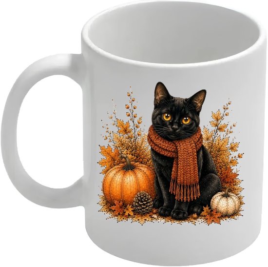 Mug blanc avec un chat noir portant une écharpe orange, des citrouilles et des feuilles d'automne.