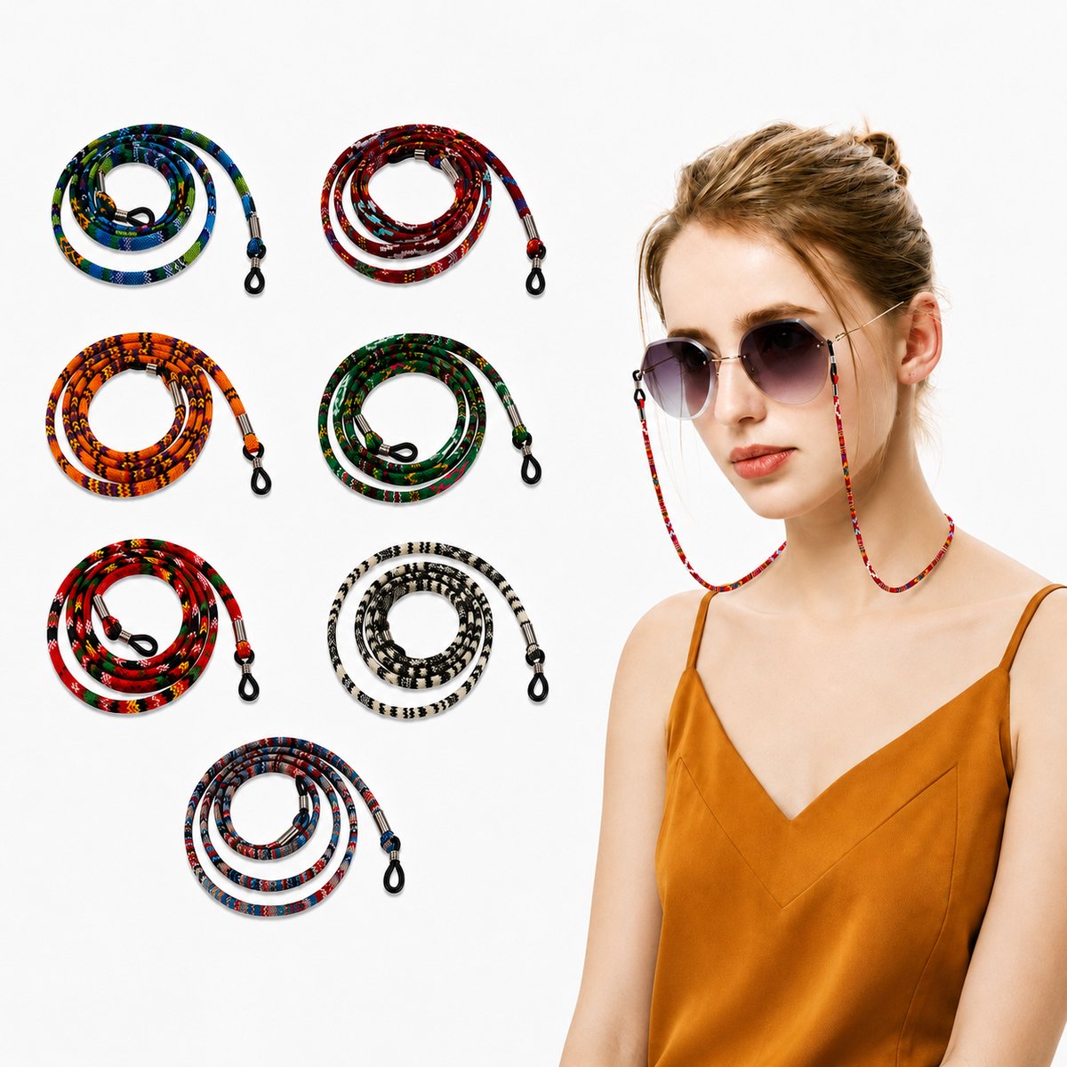 YYchan Brillenkoord Set 7 Stuks - Nylon Brilkoord / Sportbrilkoord - Verstelbaar & Anti-Slip - Brillenband voor Zonnebril, Leesbril en Sportbril - Dames en Heren - Multicolor - 70 cm