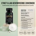 Zwarte pot Primal Wolf Magnesium Bisglycinaat en bakje wit poeder. Etiket toont Eurofins analyse van zware metalen. 60 capsules.