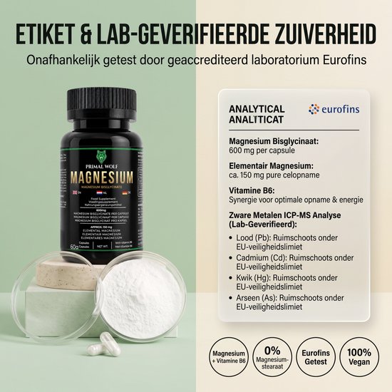 Zwarte pot Primal Wolf Magnesium Bisglycinaat en bakje wit poeder. Etiket toont Eurofins analyse van zware metalen. 60 capsules.