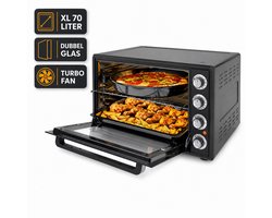 Nocta hetelucht oven 70 liter elektrisch vrijstaand zwart 2000 watt met ontdooi functie timer binnenverlichting accessoires dubbel glas CE gecertificeerd