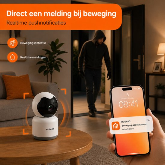 Witte Hozard beveiligingscamera met app-melding op een smartphone, een man die naar binnen kijkt.