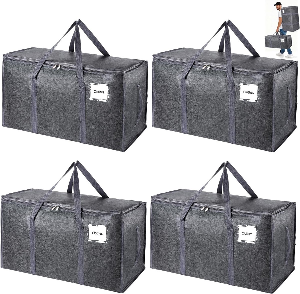 Set van 4 Vouwbare Opbergzakken van 94L voor Kleding, Bedlinnen en Camping - Ruimtebesparende Oplossing met Ritsen en Ideaal voor Verhuizen