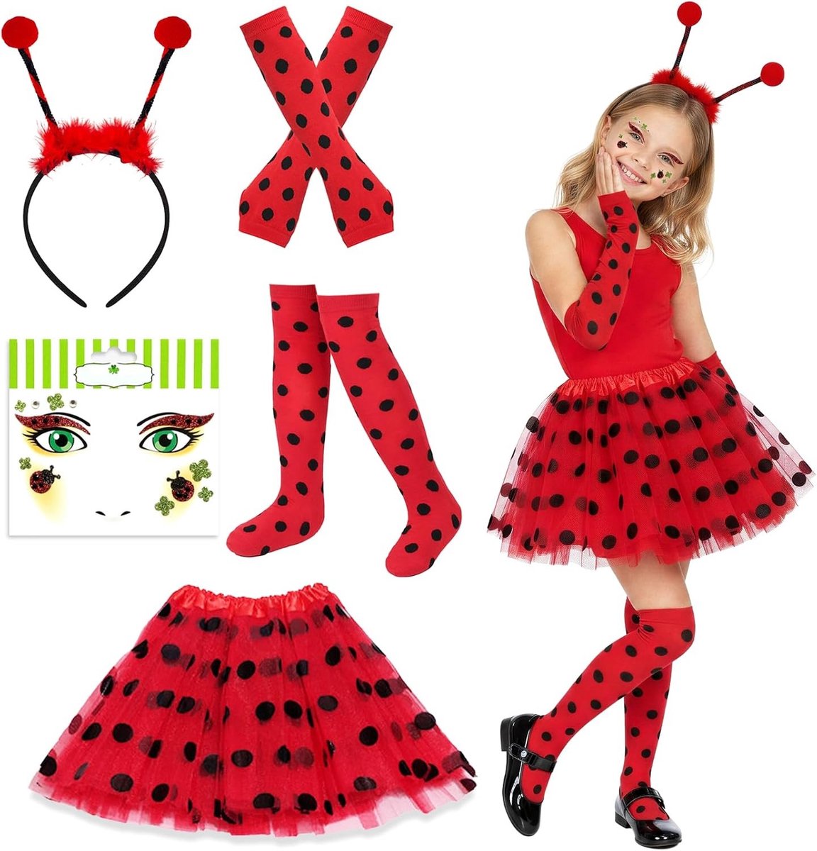 Dames Kostuum Accessoire Set met Rood Tutu, Insect Hoofdband en Gezichtsstickers voor Halloween en Carnaval Feesten