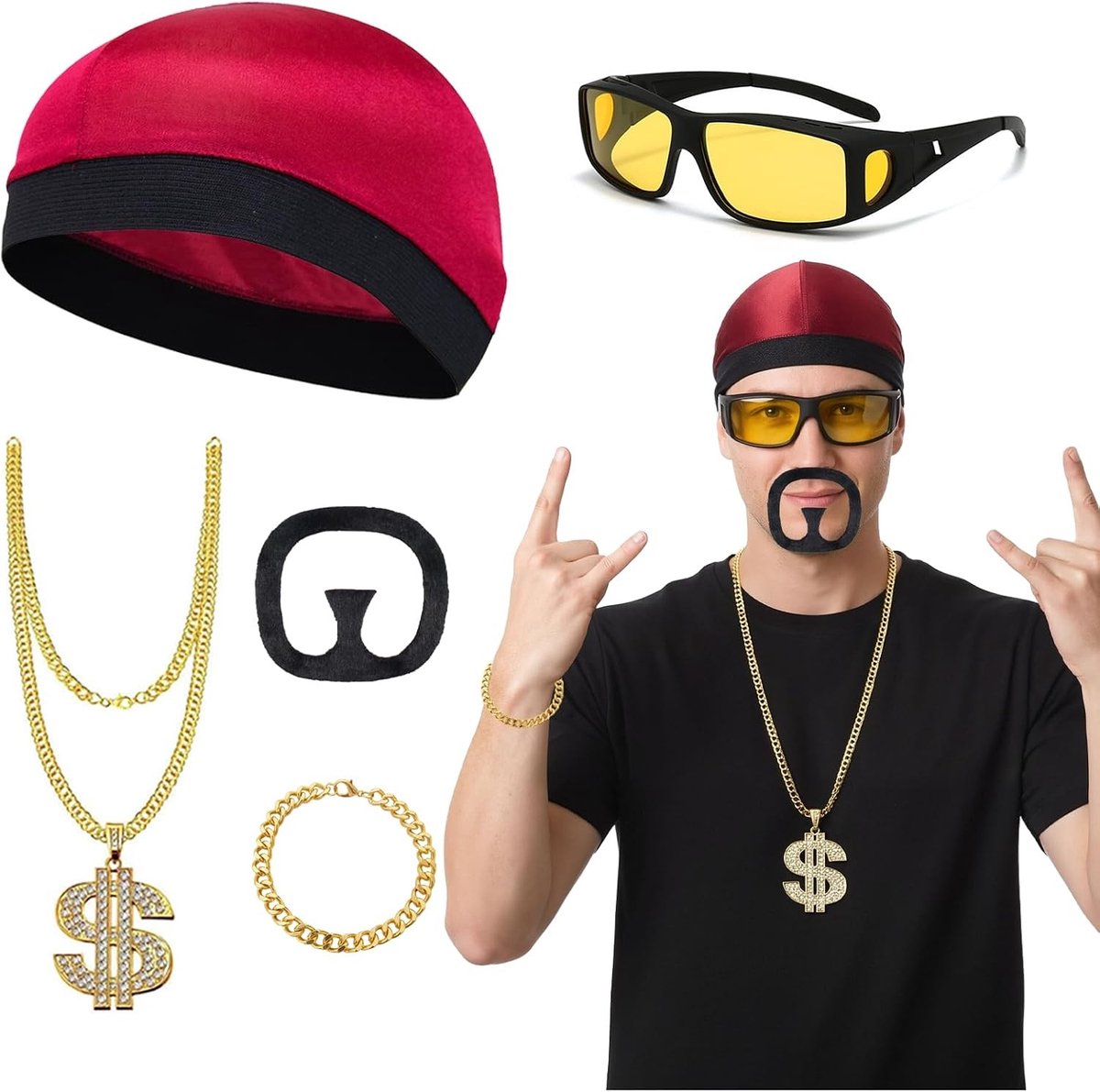 Jaren 90 Rapper Kostuum Accessoires Set voor Mannen, 5 Stuks voor Hip Hop Halloween en Vrijgezellenfeesten - Hoed, Bril, Gouden Ketting, Armband & Baard