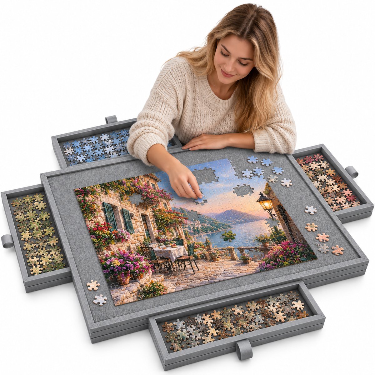 Currero Puzzeltafel Met Lades 1000 Stukjes - Puzzelbord - Puzzelmat - Opbergsysteem - Vilt - Met Deksel - Legpuzzel Accessoires - 1000 Pcs Grijs