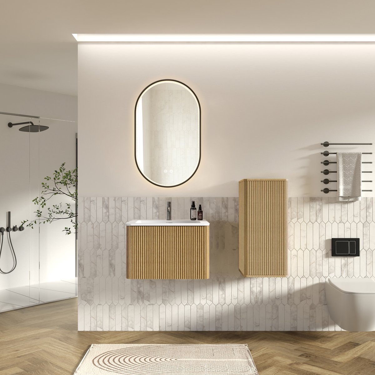 DESMIU Badkamermeubelset - Hangende Wastafel Met LED Spiegel En Zijkast - Voor Kleine Badkamers - Eikenkleur MDF - 61x46,5x37 Cm
