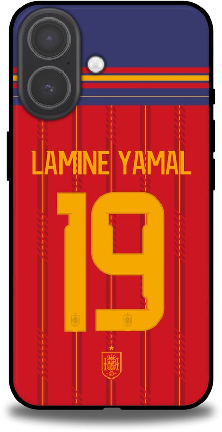 Telefoonhoesje in rood met gele verticale strepen, met de tekst "LAMINE YAMAL" en nummer "19" in geel.