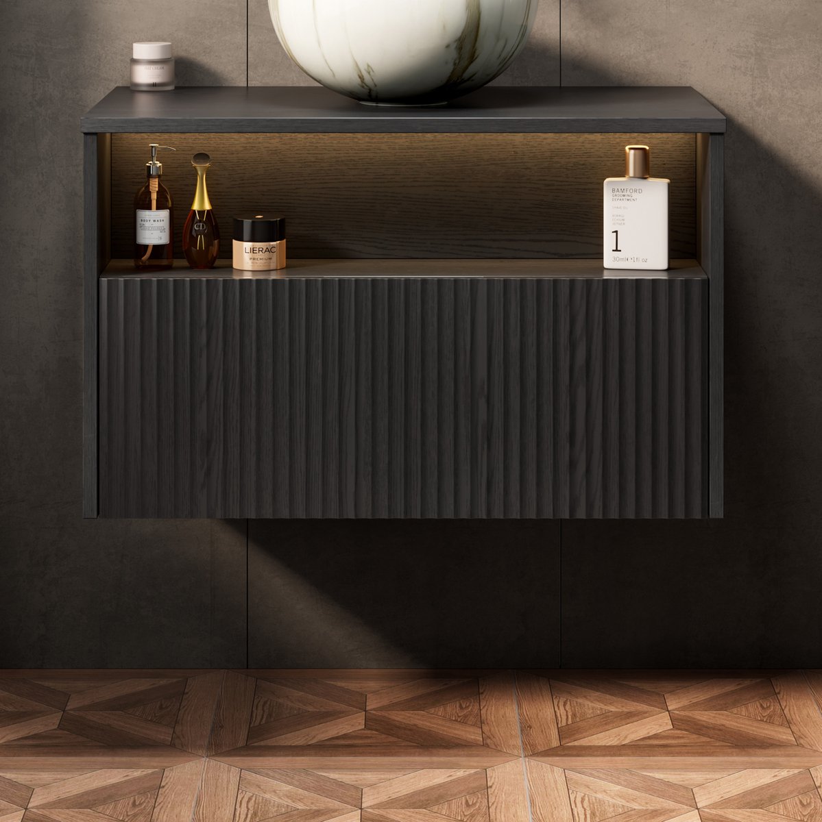 DESMIU Badkamerkast - Wandmontage Met Lade En Open Vak - Voor Badkamer - Multiplex En Houten Front - 80 x 46 x 46,8 Cm - Zwart