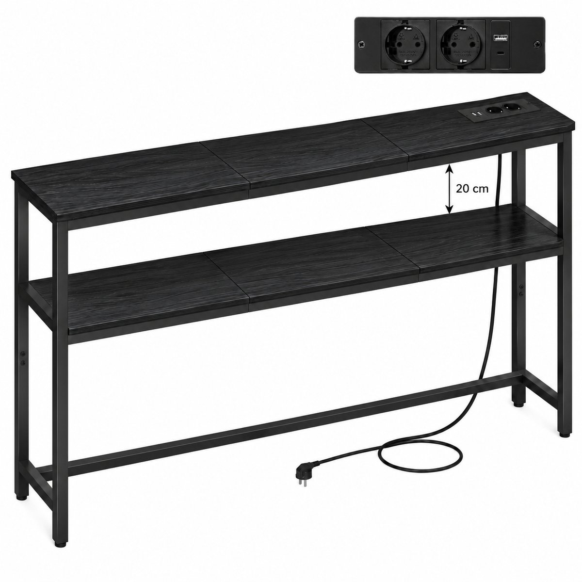 Signature Home Milly Consoletafel - Console tafel - Smalle Bijzettafel met laadstation - Haltafel Bijzettafels smalle - Tafel met 2 planken - Hout - Metaal - Zwart - 20 x 100 x 80 cm